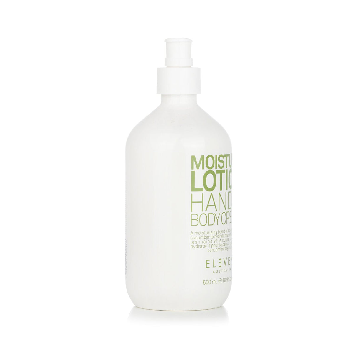 Moisture Lotion Hand & Body Cream by Eleven Australia in a 500ml bottle, offering hydration with aloe, cucumber, and coconut oil.