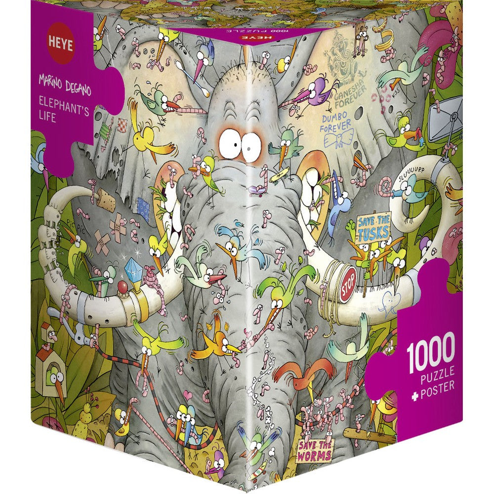 Puzzle - Heye - Triangular Box - Degano; Elephant's Life 1000Pc