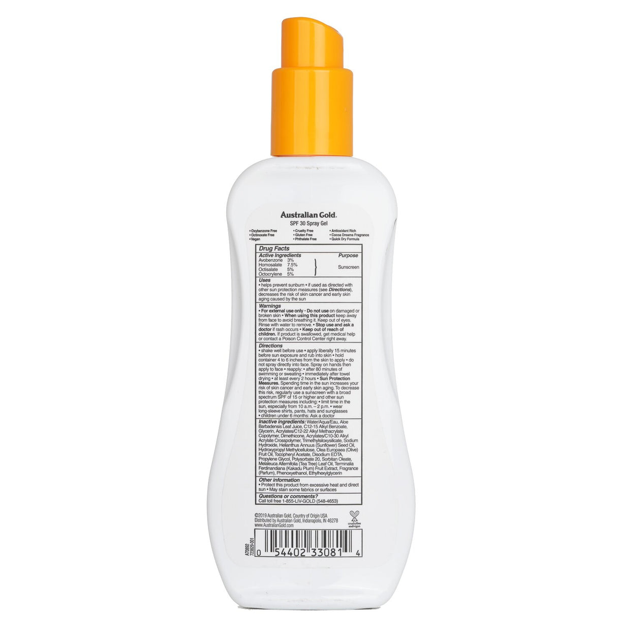 Australian Gold SPF 30 Spray Gel Sunscreen in 237ml bottle, offering hydration, UVA/UVB protection, and a fresh fragrance.