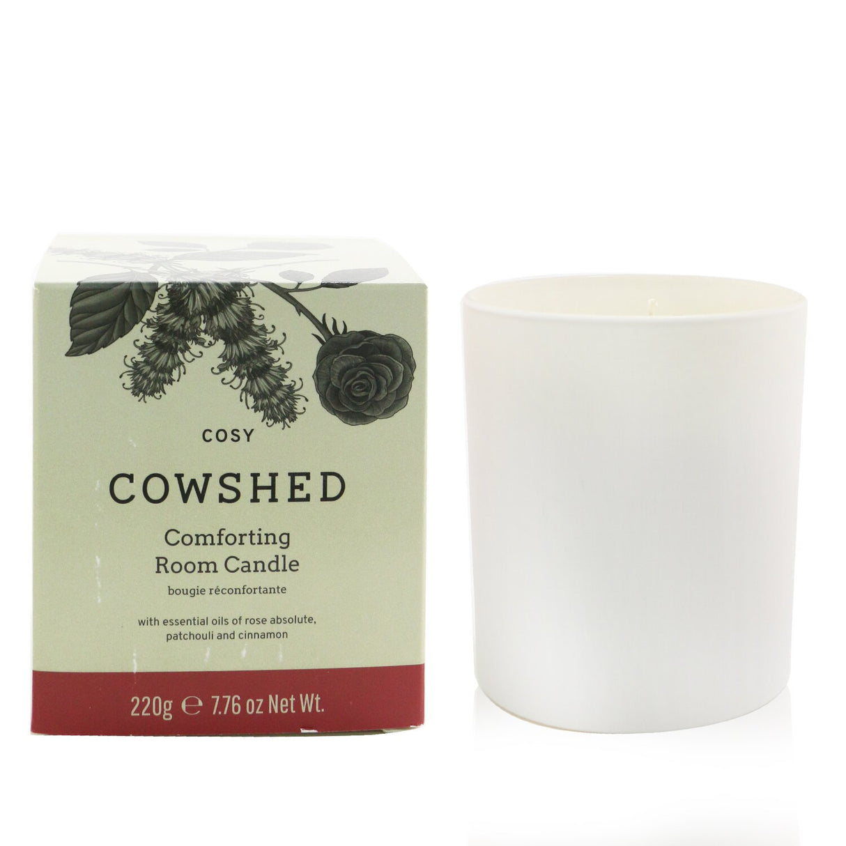 Cowshed Cosy Candle: 220g aromatic blend of rose and patchouli, eco-friendly soy wax, burns for 60 hours, enhancing relaxation.