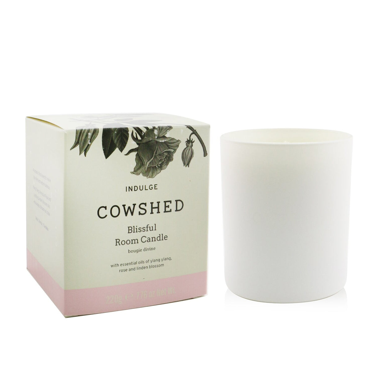 Cowshed Indulge Candle, 220g, floral aroma of lavender, ylang ylang, and Moroccan rose; eco-friendly, burns for 60 hours.