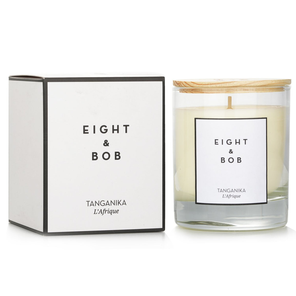 Elegant Eight & Bob Tanganika candle in a chic box, made from 100% vegetable wax with a heavenly scent, burns for 60 hours.