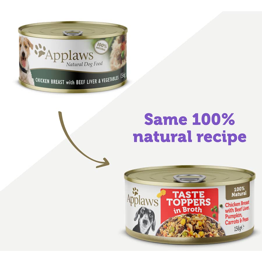 Applaws Taste Toppers Wet Dog Food In Broth Chicken, Liver & Veg Can 156g