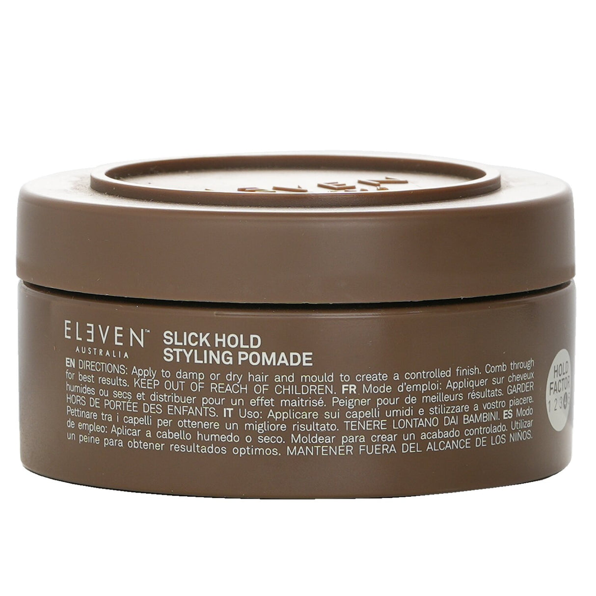 Slick Hold Styling Pomade by Eleven Australia, 85g, vegan, strong hold for wet or sleek styles, enhances moisture for all hair types.