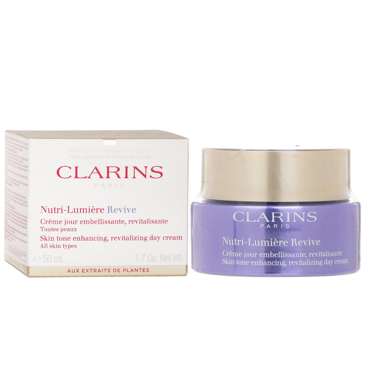 Clarins Nutri-Lumiere Revive Day Cream for mature skin, enhances tone, revitalizes, with horse chestnut and kaki extract.