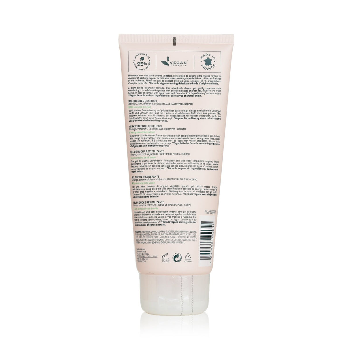 A soothing 200ml aromatic shower gel with Green Tea extract, 95% natural ingredients, and a refreshing Rhubarb scent.