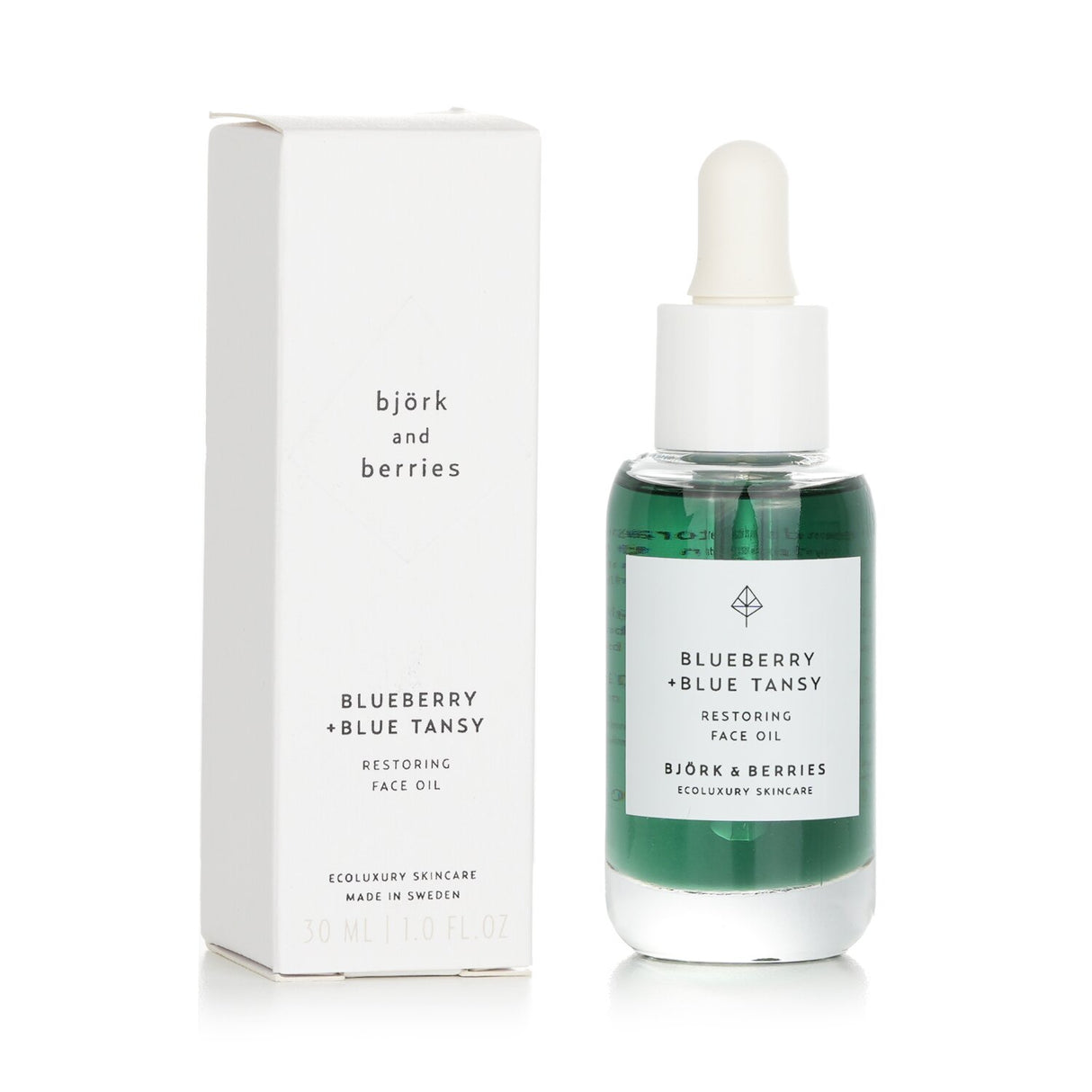 Nourishing Bjork & Berries Blueberry+ Blue Tansy Face Oil in a 30ml bottle, ideal for restoring and hydrating sensitive skin.