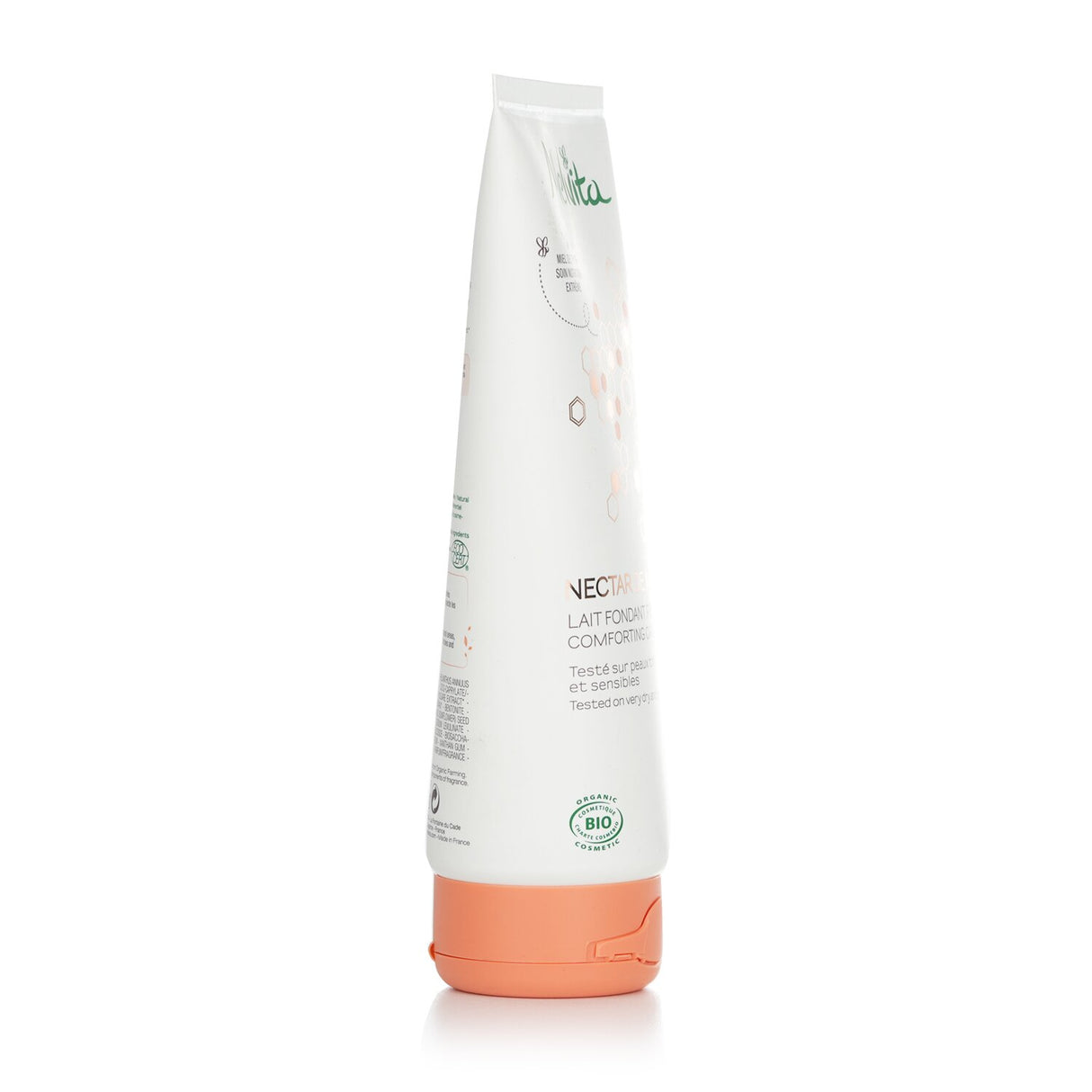 Melvita Nectar De Miels Comforting Creamy Milk in a 200ml bottle, ideal for hydrating and nourishing dry, sensitive skin.