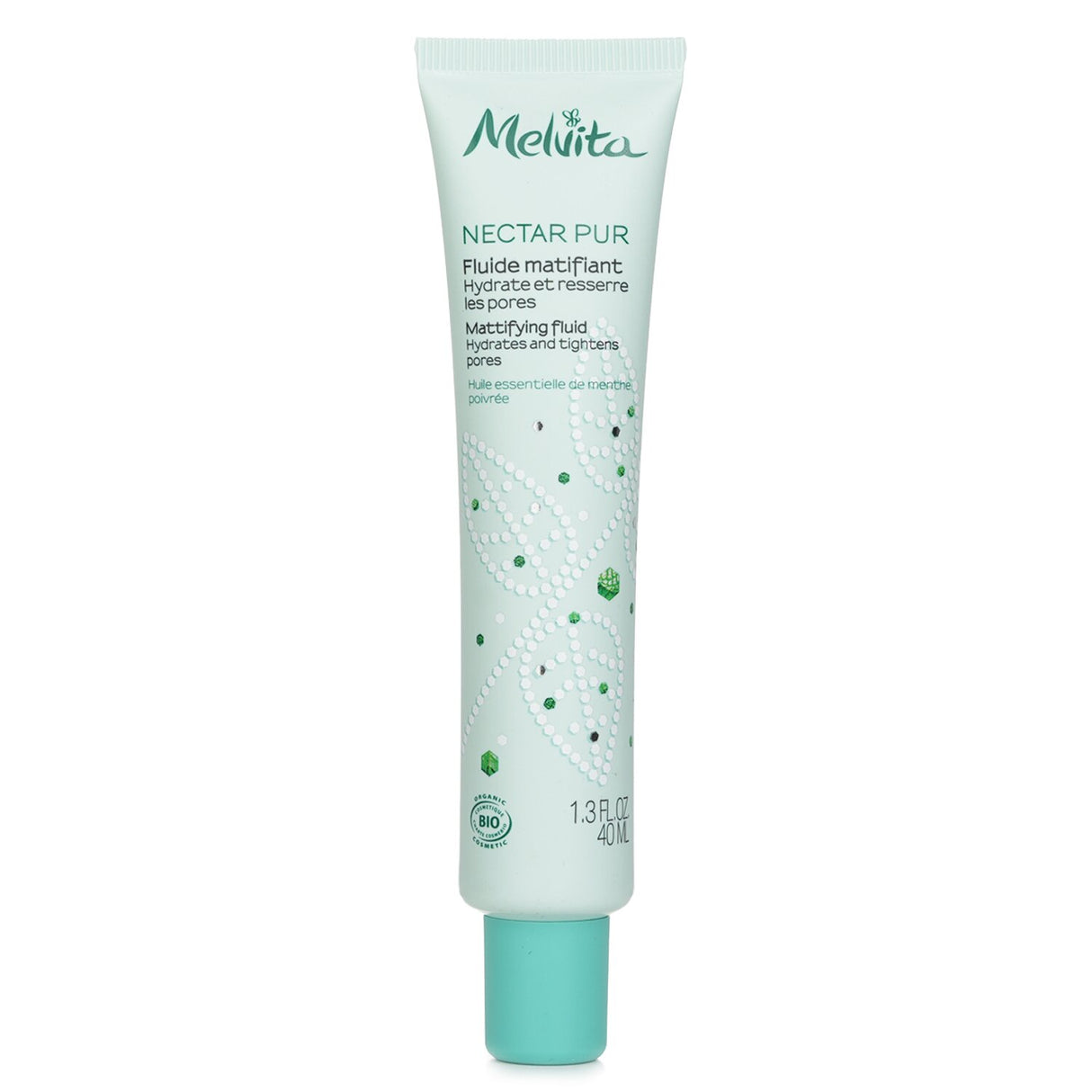 Melvita Nectar Pur Mattifying Fluid in a 40ml bottle, designed for oily skin to control shine and hydrate for a smooth finish.
