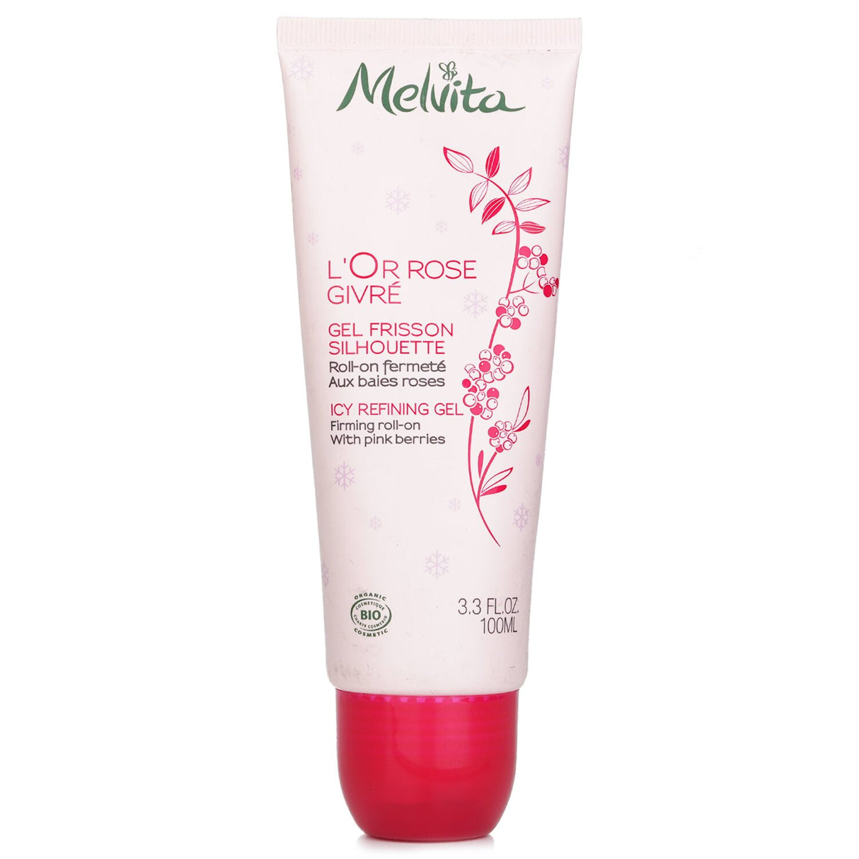 Melvita L'Or Rose Icy Refining Gel in a 100ml bottle, featuring a fresh bead applicator for firming and smoothing skin.