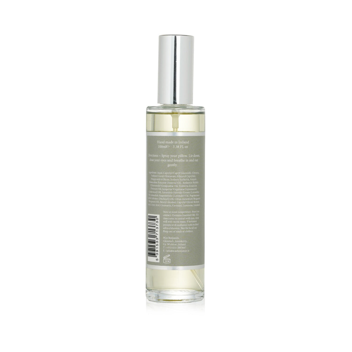 Pillow mist bottle featuring lavender and chamomile, promoting relaxation and enhancing sleep quality in a 100ml spray.
