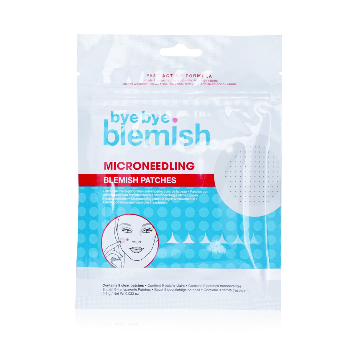 Transparent microneedling blemish patches with Salicylic Acid and Hyaluronic Acid for effective acne treatment.