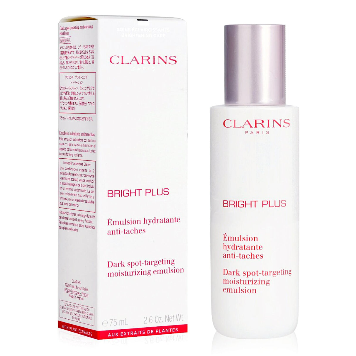 Clarins Bright Plus Moisturizing Emulsion: 75ml treatment targeting dark spots, enriched with Acerola and Apricot oil for radiant skin.