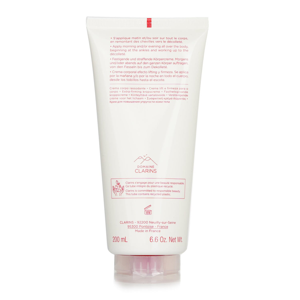 Clarins Body Firming Extra-Firming Cream in 200ml, a velvety moisturizer with plant extracts for firmer, nourished skin.
