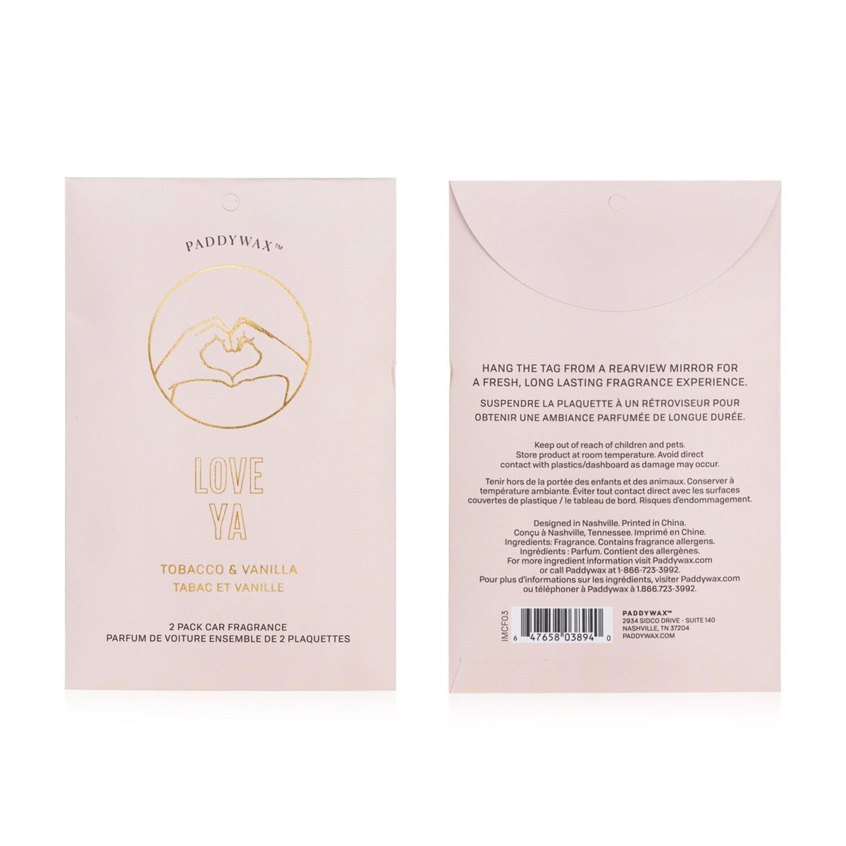 Paddywax Love Ya car fragrance 2-pack with elegant designs, vegan ingredients, and convenient hanging elastics for a fresh drive.
