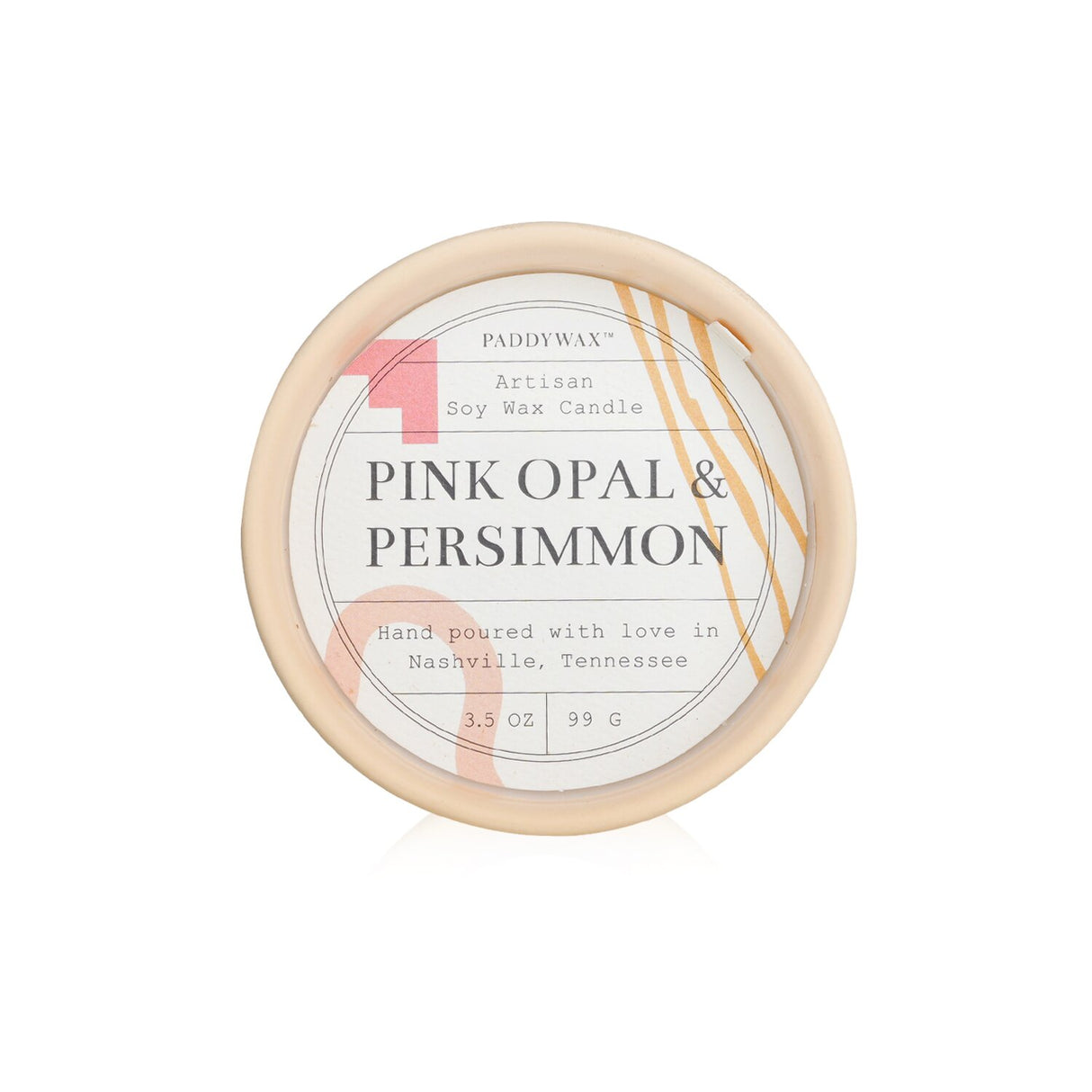 Hand-poured soy wax candle in a matte ceramic vessel, featuring Pink Opal & Persimmon scent for a warm, uplifting ambiance.