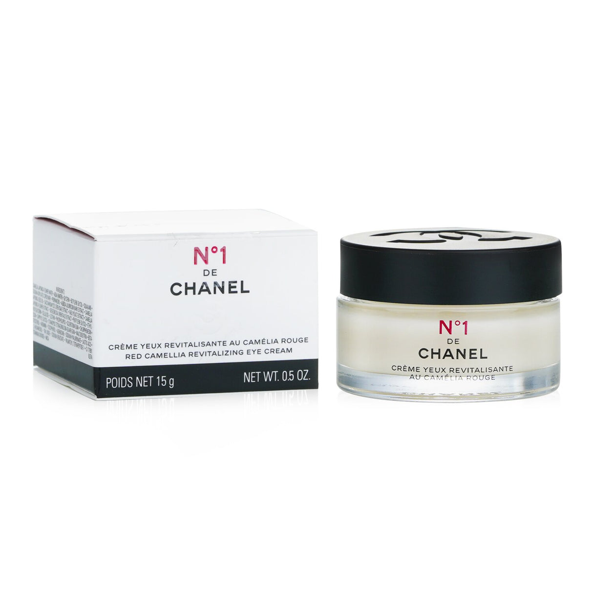 Chanel N°1 Red Camellia Revitalizing Eye Cream in a 15g jar, designed to illuminate and rejuvenate the eye area.