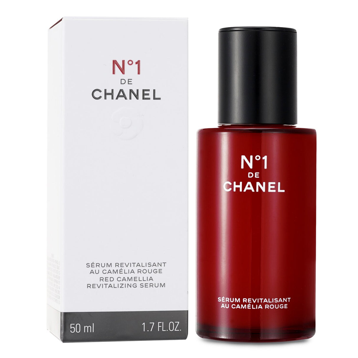 Chanel N�1 Red Camellia Revitalizing Serum in a sleek 50ml bottle, enriched with natural ingredients for youthful skin.