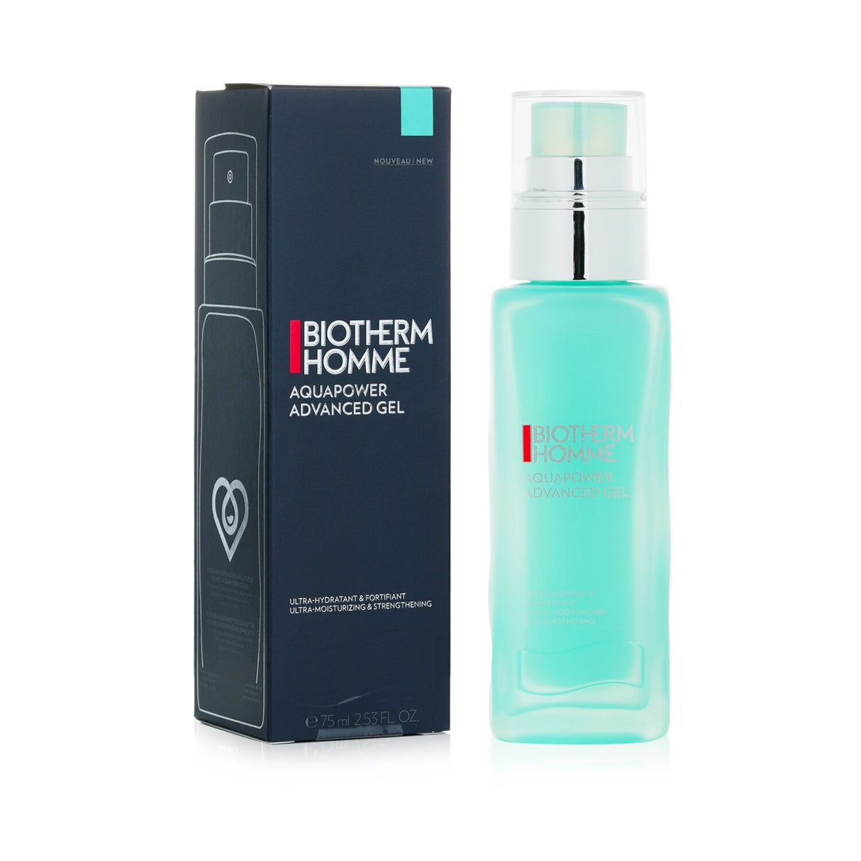 Biotherm Homme Aquapower Advanced Gel in a 75ml bottle, a hydrating, cooling face moisturizer for men’s skincare.