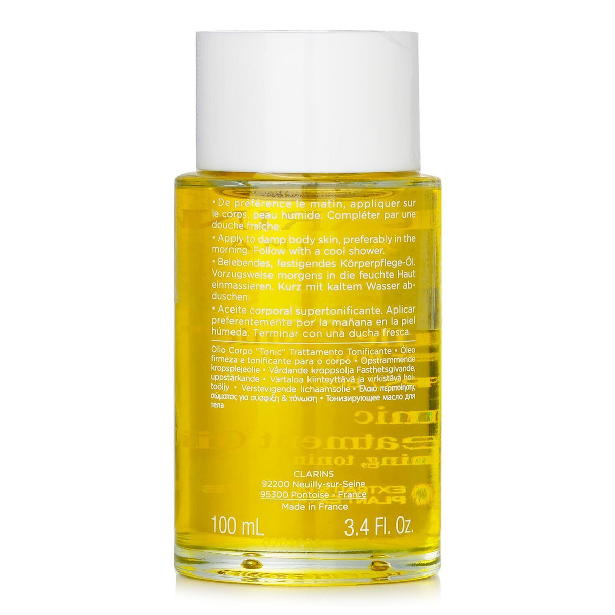 Aromatic Clarins Body Treatment Oil in a 100ml bottle, infused with plant extracts for firm, toned, and hydrated skin.