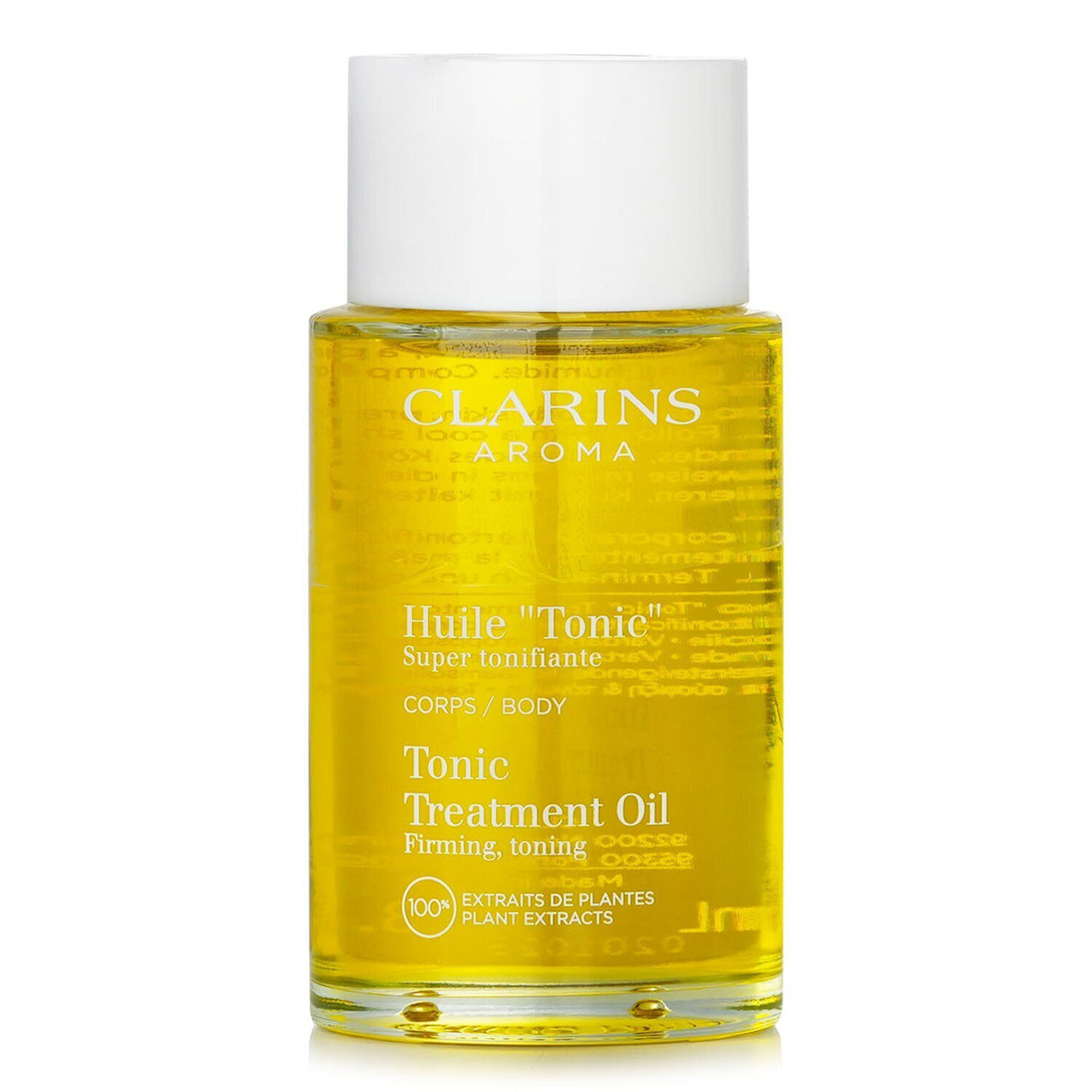 Aromatic body treatment oil with plant extracts for nourishment, toning, and hydration, promoting a firmer, smoother skin.