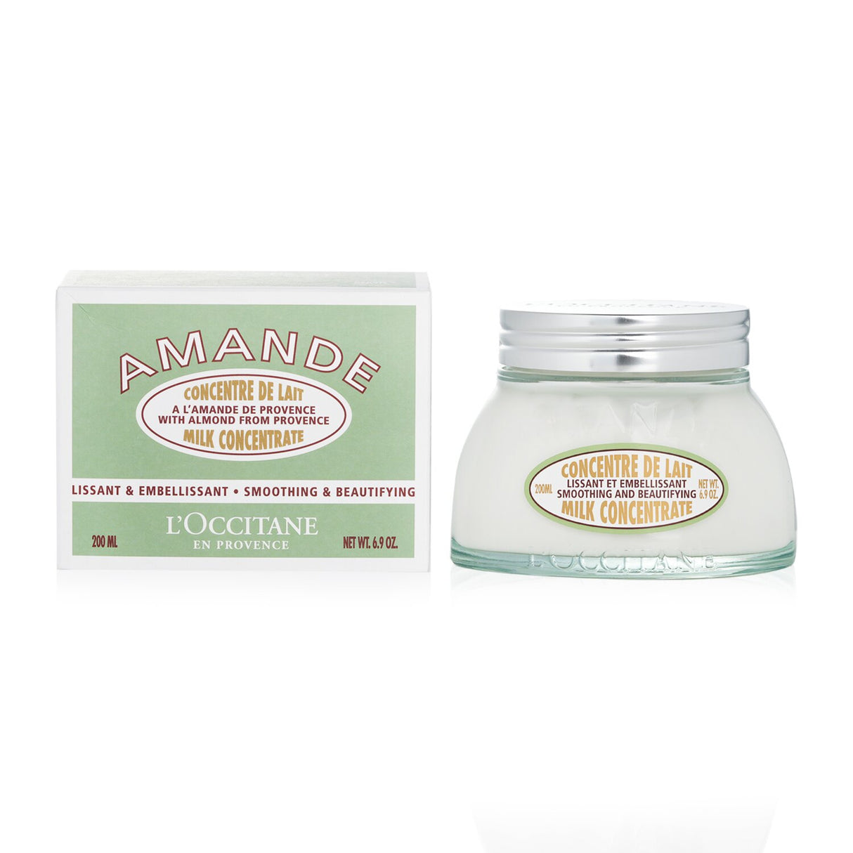 L'Occitane Almond Milk Concentrate in a 200ml jar, a creamy body treatment for hydration, firmness, and soft skin.