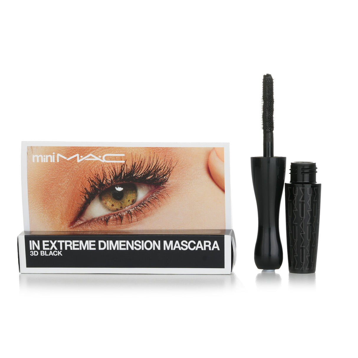 Mini MAC In Extreme Dimension Lash Mascara in #3D Black, enhancing volume, length, and curl with precise application.