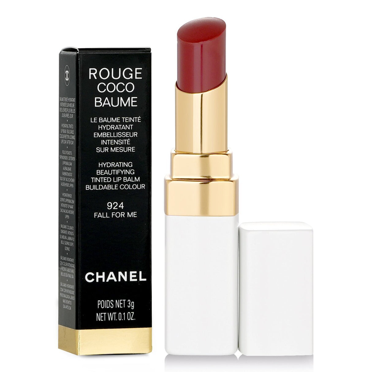 Chanel Rouge Coco Baume in #924 Fall For Me - luxurious tinted lip balm offering hydration and buildable color.