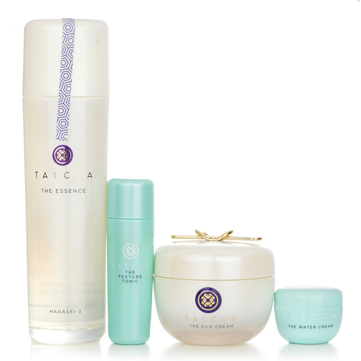 Tatcha Essence Bundle includes a plumping skin softener and silk cream for hydrated, radiant skin, ideal for all skin types.