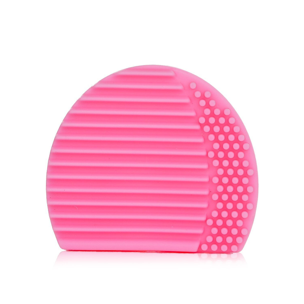 Elegant pink silicone makeup brush cleaner with dual textures for thorough cleaning of face and eye brushes.