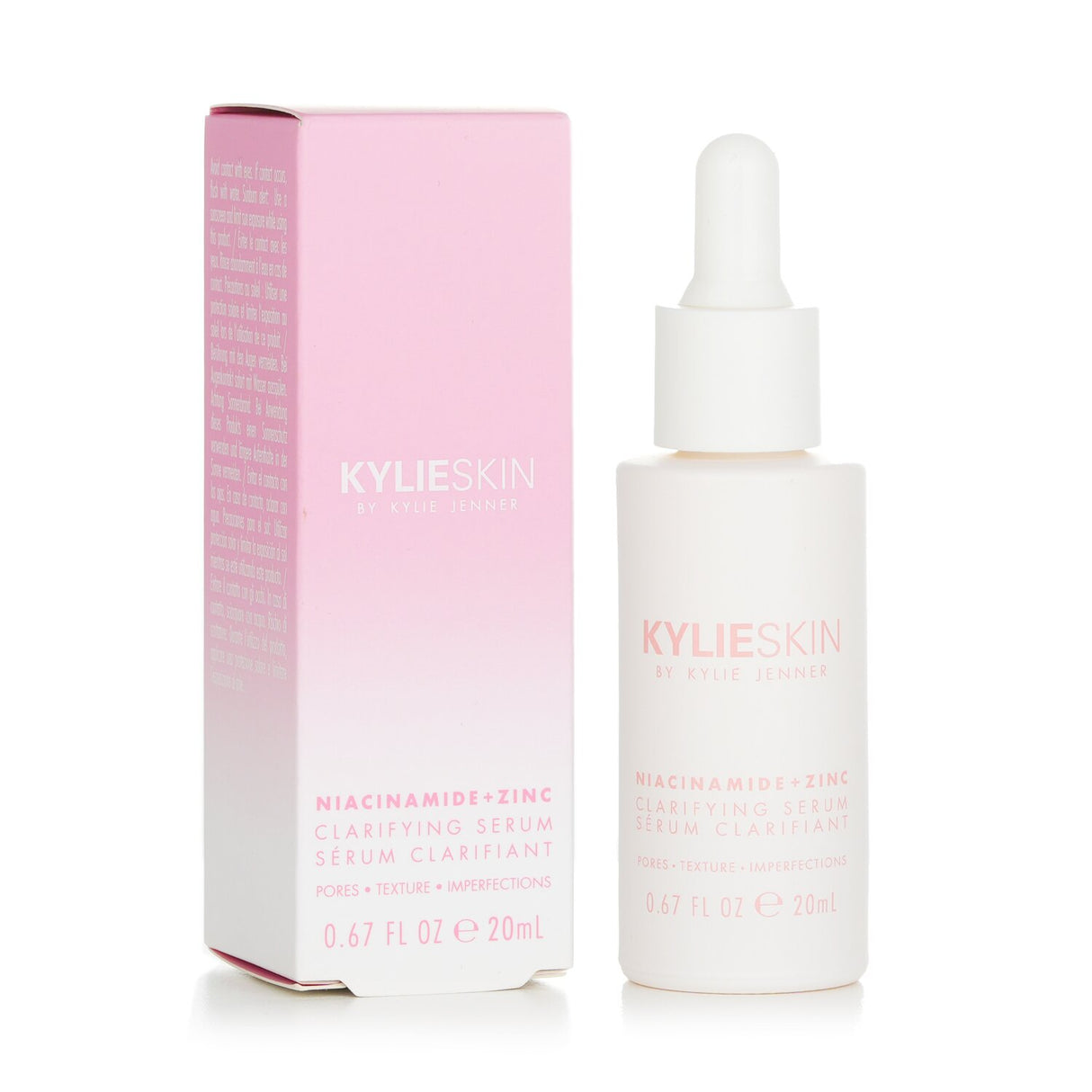 Kylie Skin Clarifying Serum in a 20ml bottle, a vegan 3-in-1 formula for clearer, radiant skin with 3% Niacinamide and Mandelic Acid.