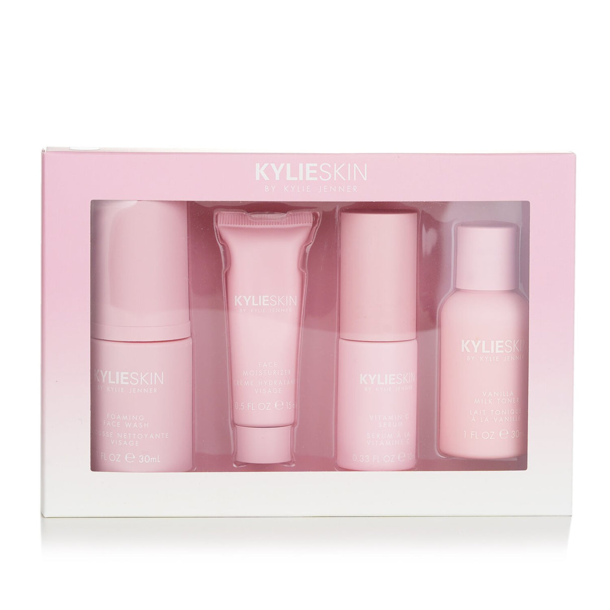 Kylie Skin 4-Piece Mini Set features face wash, moisturizer, serum, and toner for healthy, radiant skin in travel-friendly sizes.
