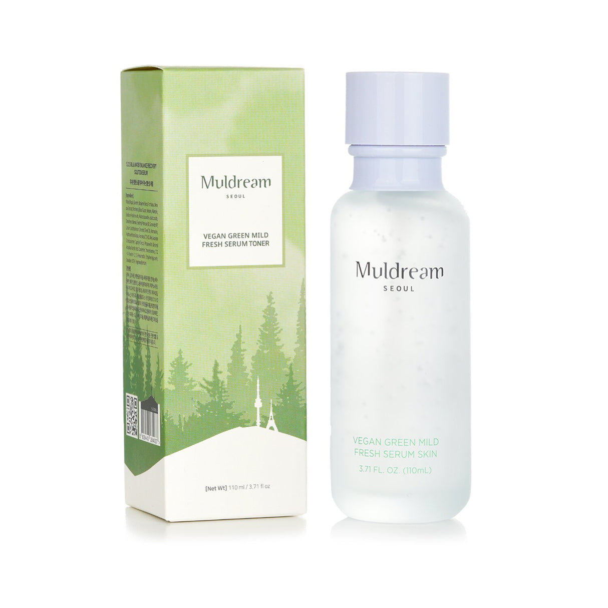 Muldream Vegan Green Mild Fresh Serum Toner in a 110ml bottle, ideal for oily skin with a soft-gel texture for hydration.