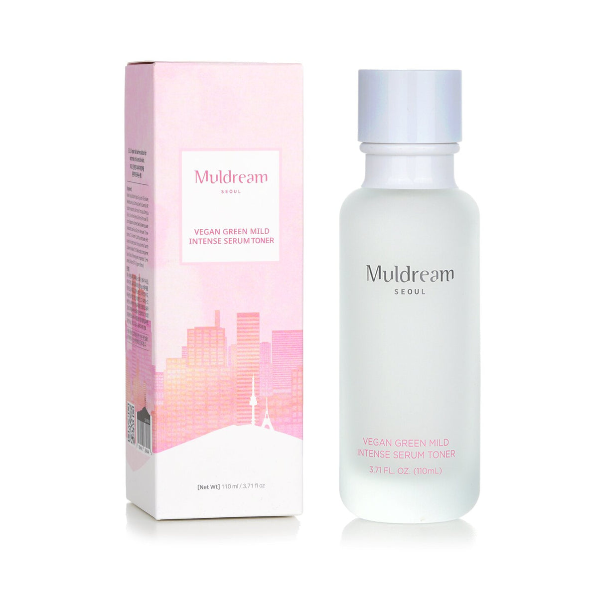 Muldream Vegan Green Mild Intense Serum Toner in a 110ml bottle, promoting hydration and soothing for sensitive skin.