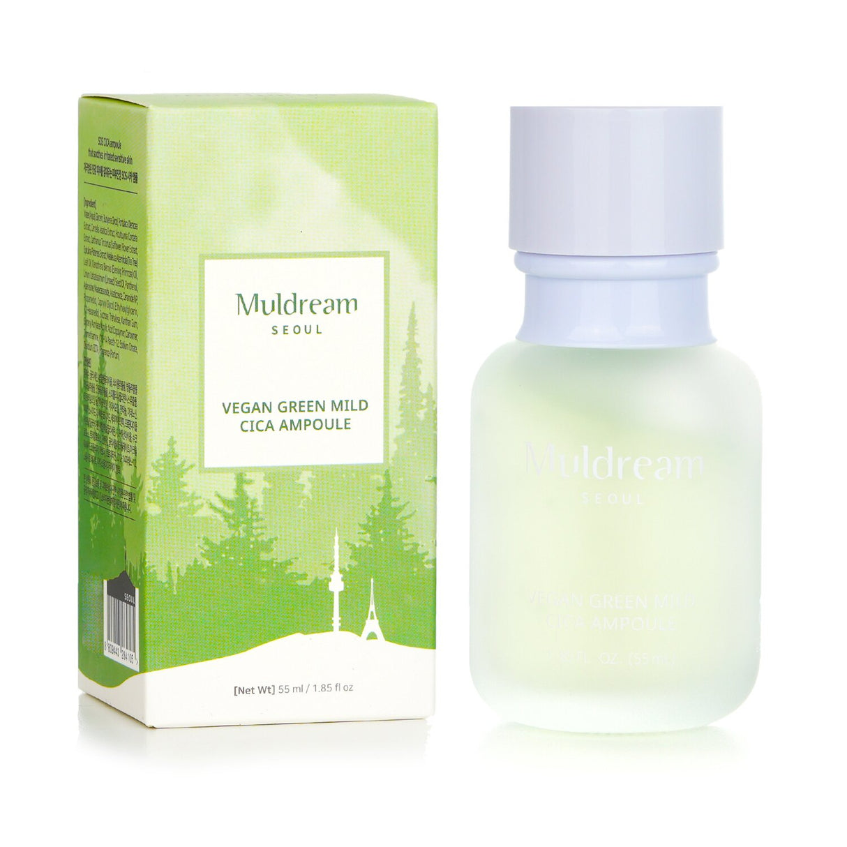 Muldream Vegan Green Mild Cica Ampoule in a 55ml bottle, soothing, hydrating, vegan skincare for sensitive, oily skin.