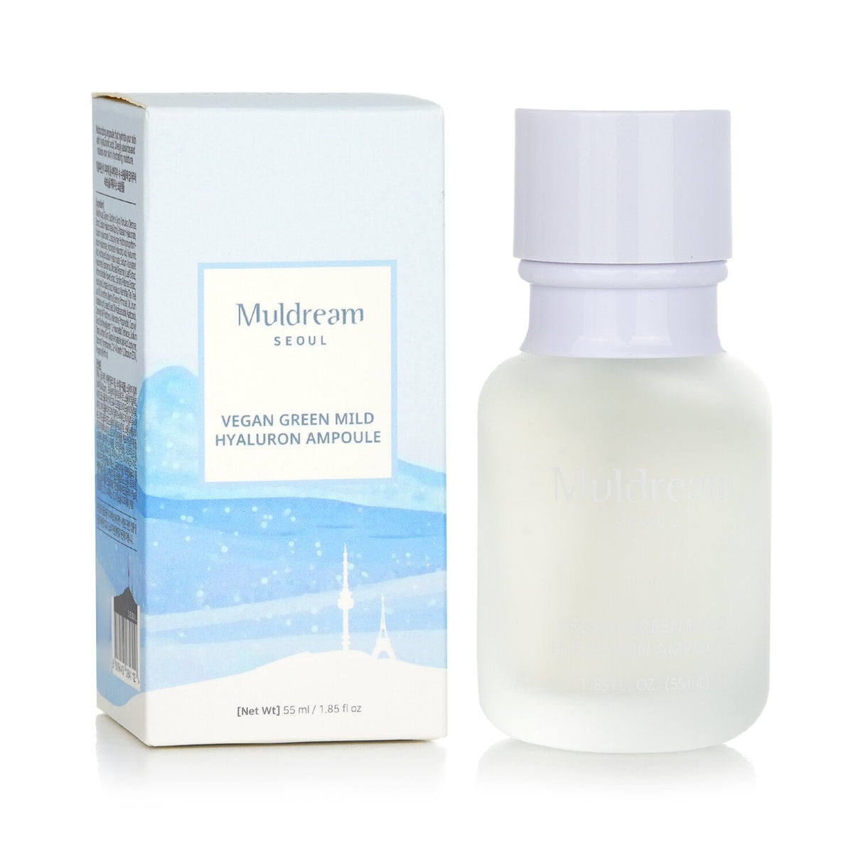 Muldream Vegan Green Mild Hyaluron Ampoule in a 55ml bottle, offering intense hydration for dry and sensitive skin.