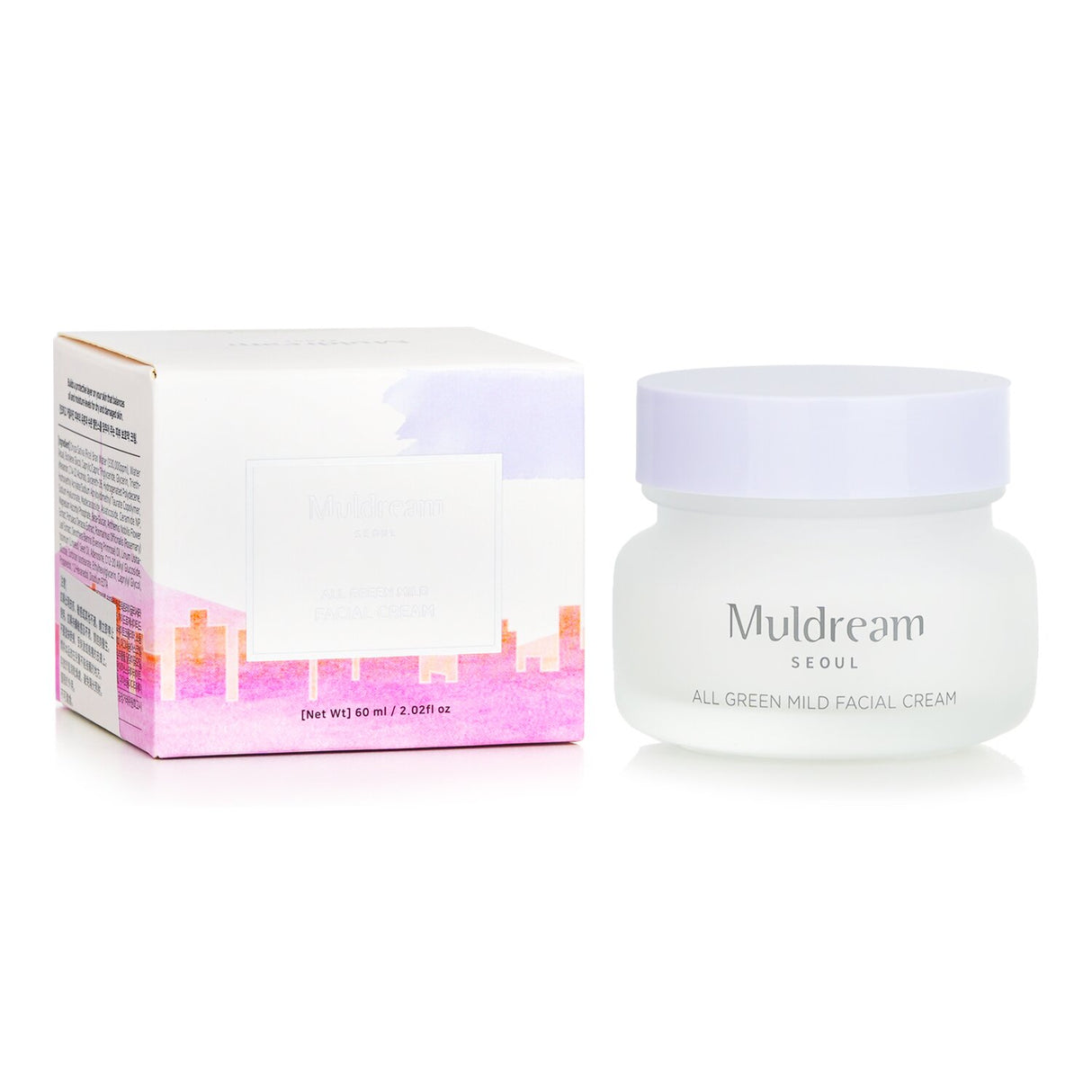 Muldream All Green Mild Facial Cream in a 60ml jar, ideal for sensitive skin with a lightweight, hydrating, plant-based formula.