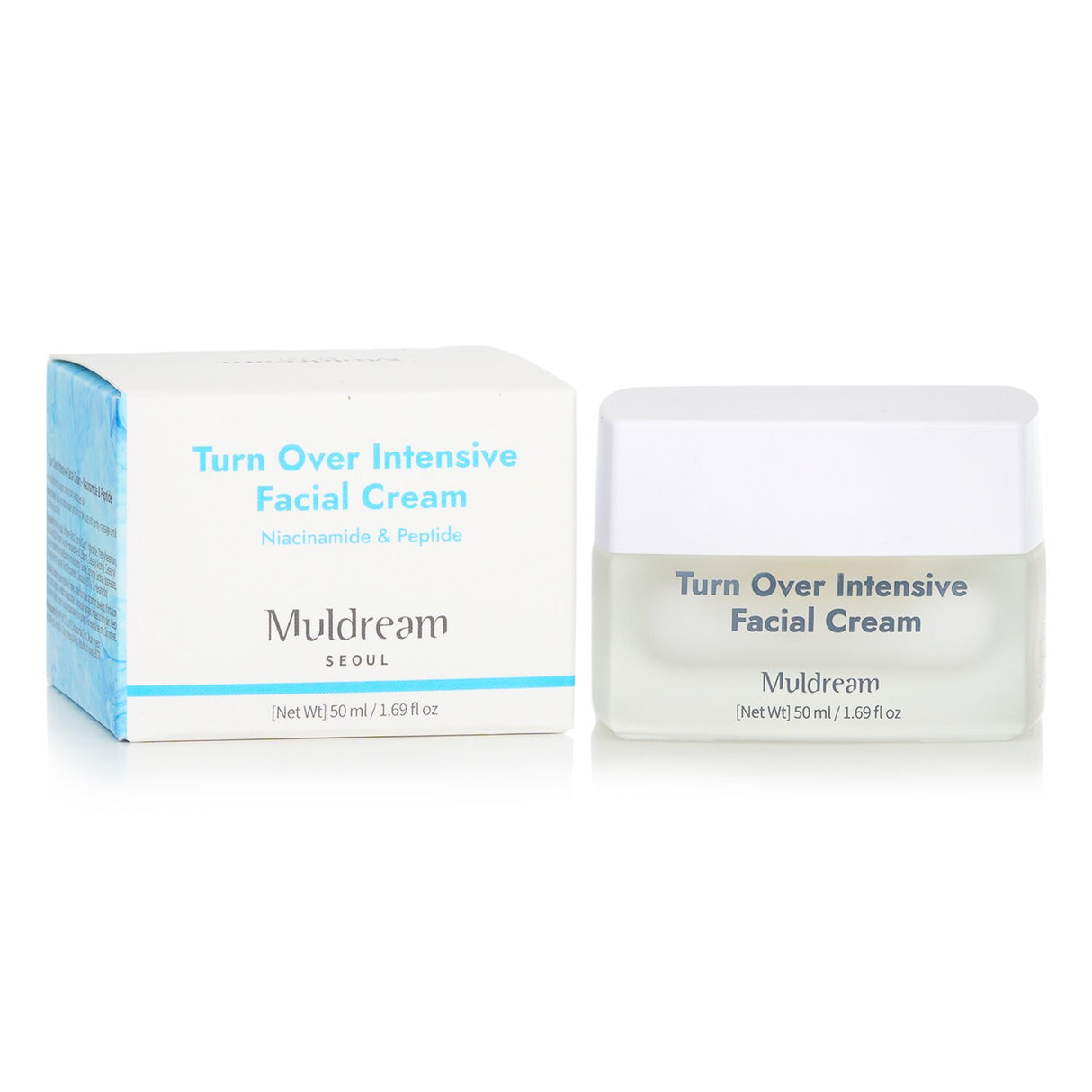 Muldream Turn Over Intensive Facial Cream in a 50ml jar, offering hydration, elasticity, and a radiant glow with vegan ingredients.