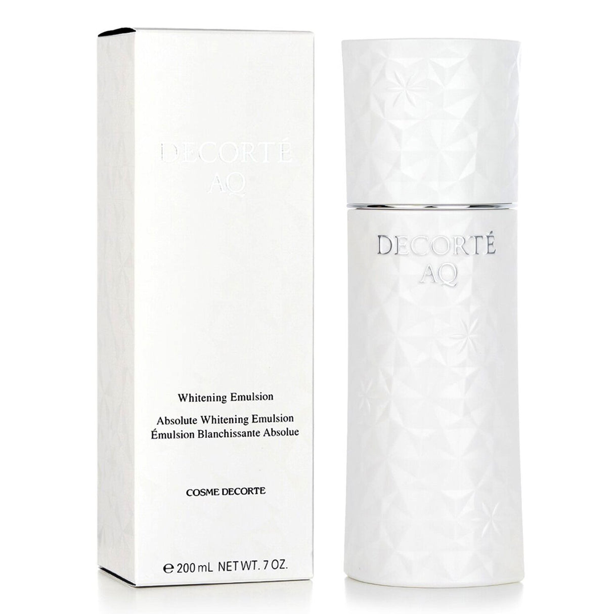 Cosme Decorte AQ Whitening Emulsion 200ml, a luxurious facial moisturizer for bright, even-toned, and hydrated skin.