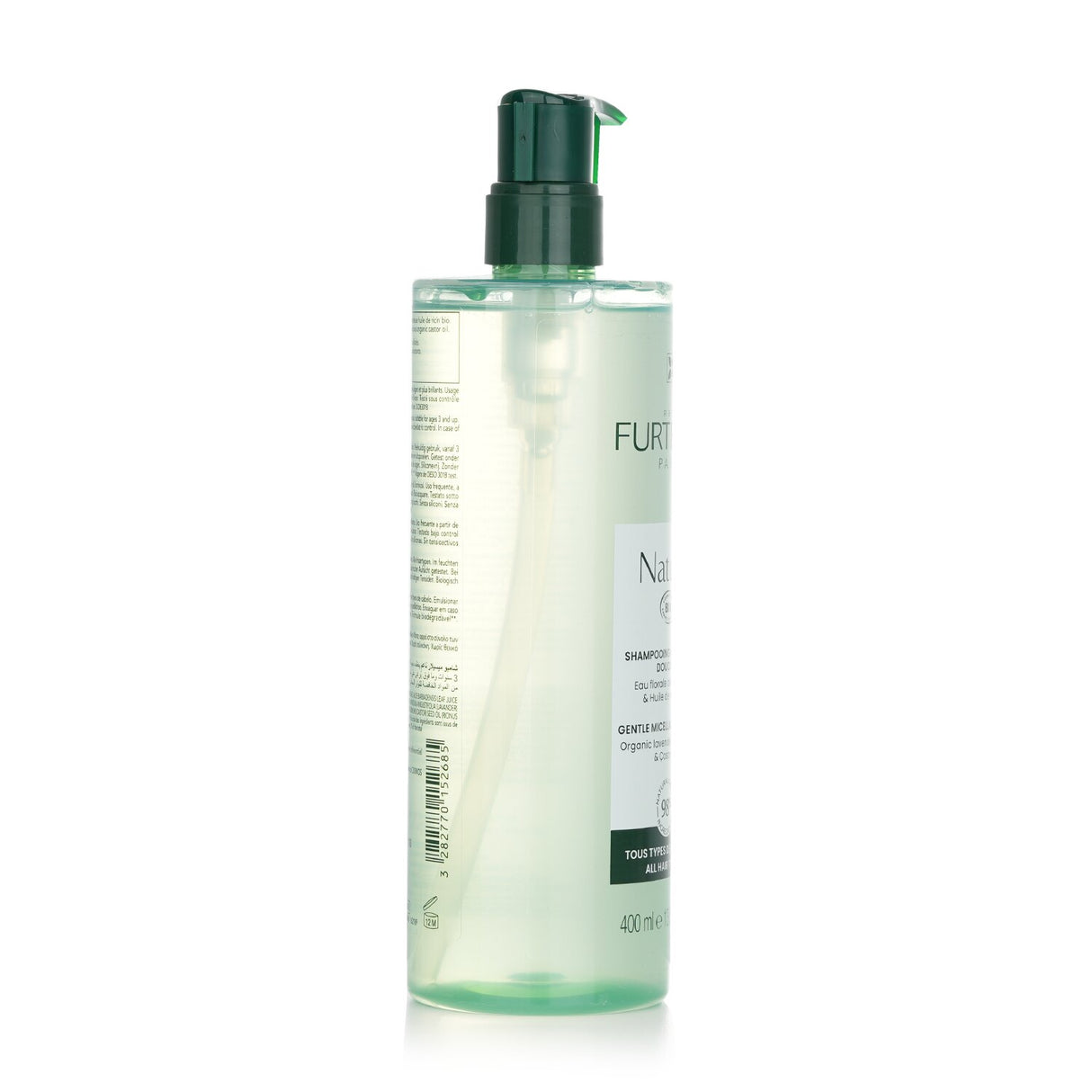 Rene Furterer Naturia Gentle Micellar Shampoo in eco-friendly pump, ideal for all hair types with organic lavender and castor oil.