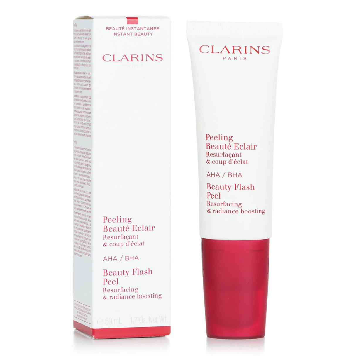 Clarins Beauty Flash Peel 50ml bottle for luminous skin; exfoliates and rejuvenates with alpha hydroxy acids for all skin types.
