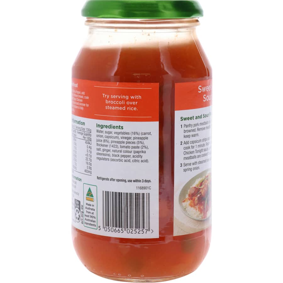 Chicken Tonight Meal Base Cooking Sauce Sweet & Sour Jar 520g