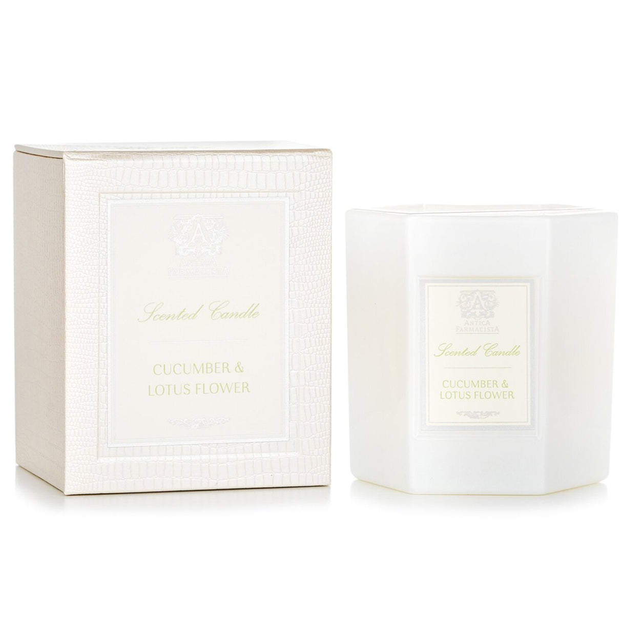 Hexagonal Antica Farmacista candle in soft white glass, infused with cucumber and lotus flower for 60 hours of serene fragrance.