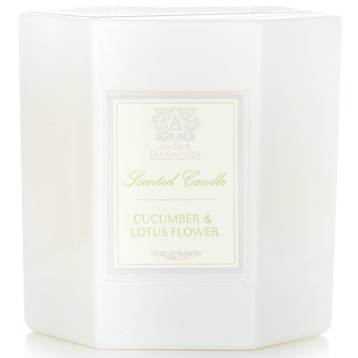 Luxurious hexagonal candle in fresh cucumber and lotus flower scent, elegantly packaged for a tranquil home ambiance.