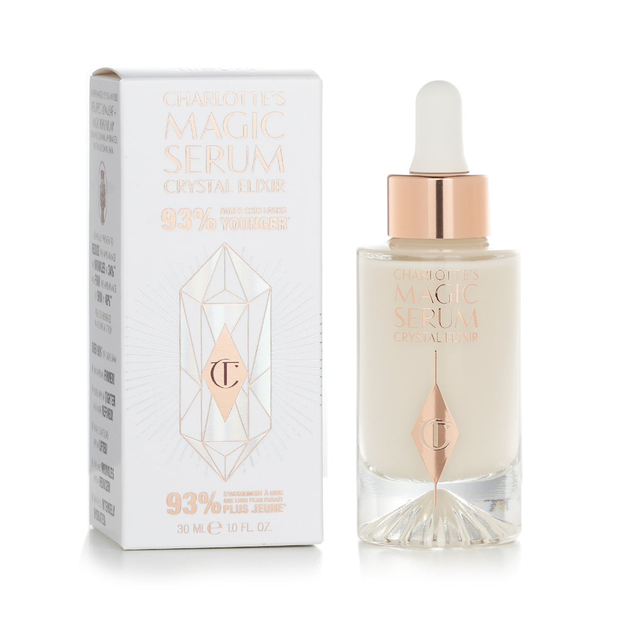 Charlotte Tilbury Magic Serum Crystal Elixir, a 30ml facial serum that hydrates, brightens, and targets fine lines for youthful skin.