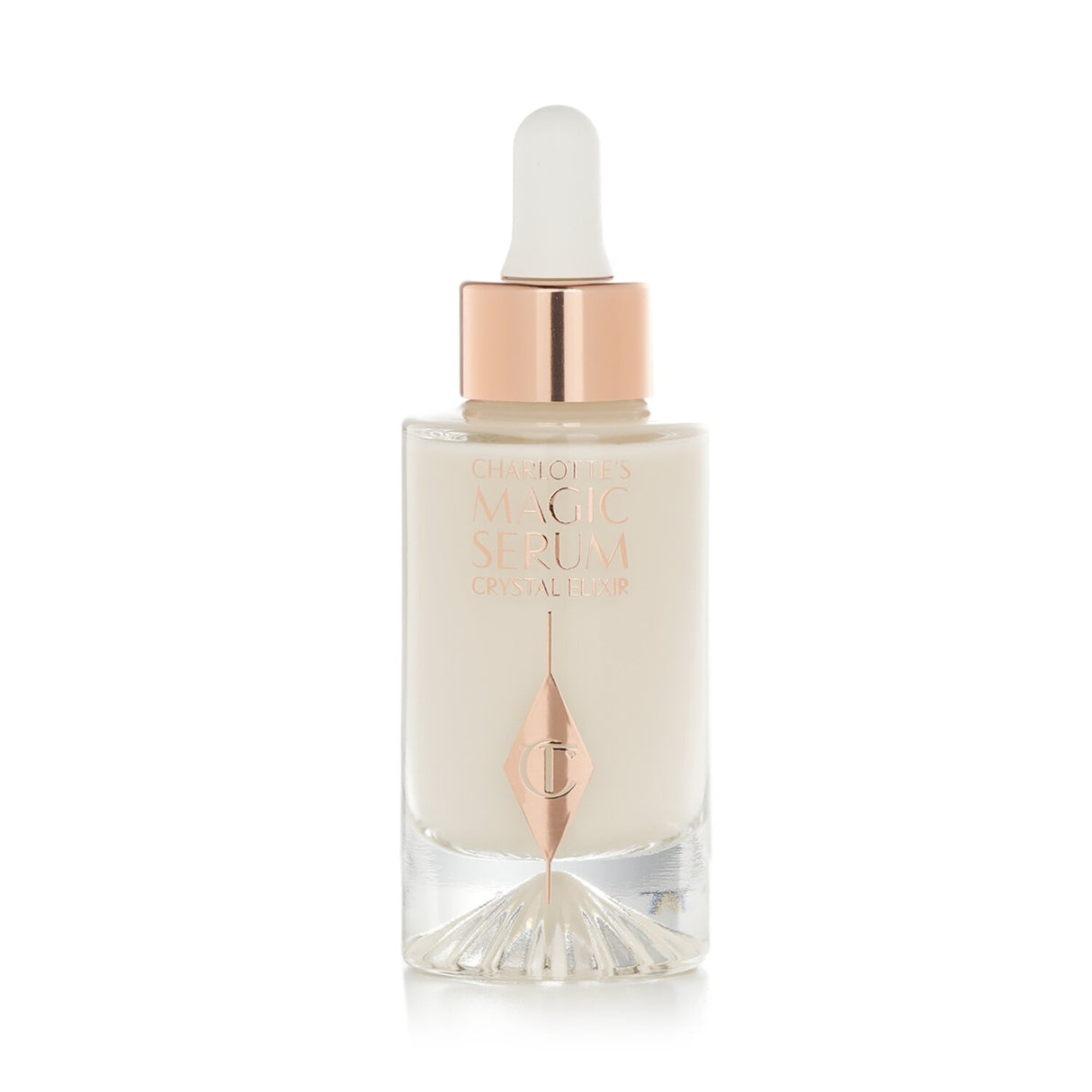 Charlotte Tilbury Magic Serum Crystal Elixir, a 30ml hydrating facial serum targeting fine lines with Vitamin C and Polyglutamic Acid.