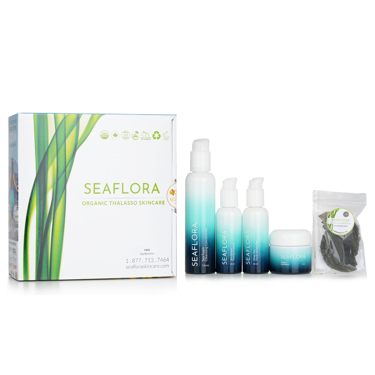 Seaflora Organic Thalasso Skincare Set containing 5 natural marine-based skincare products for rejuvenation and hydration.