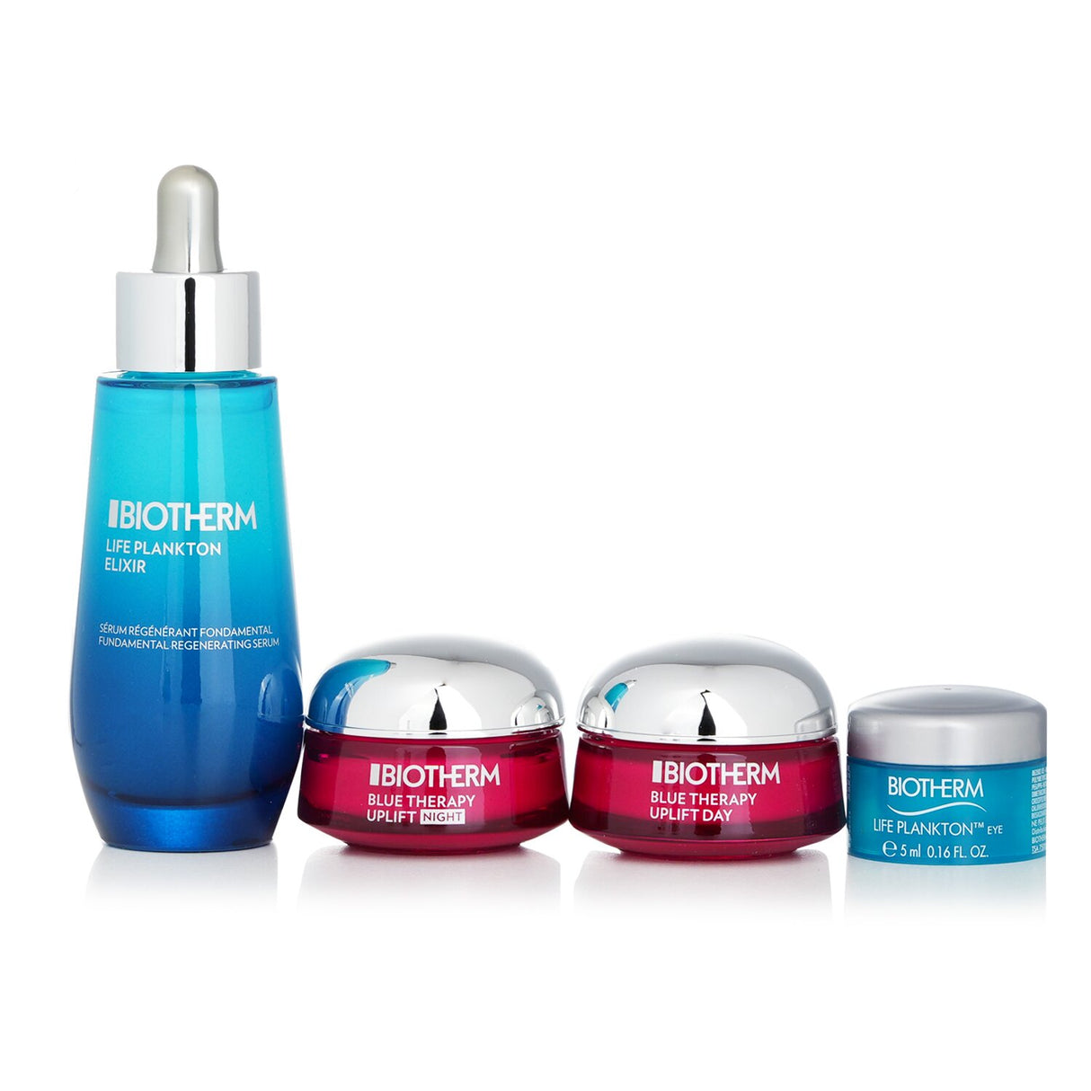 Biotherm Life Plankton Elixir Set featuring a serum, day cream, night cream, and eye treatment for rejuvenated, radiant skin.