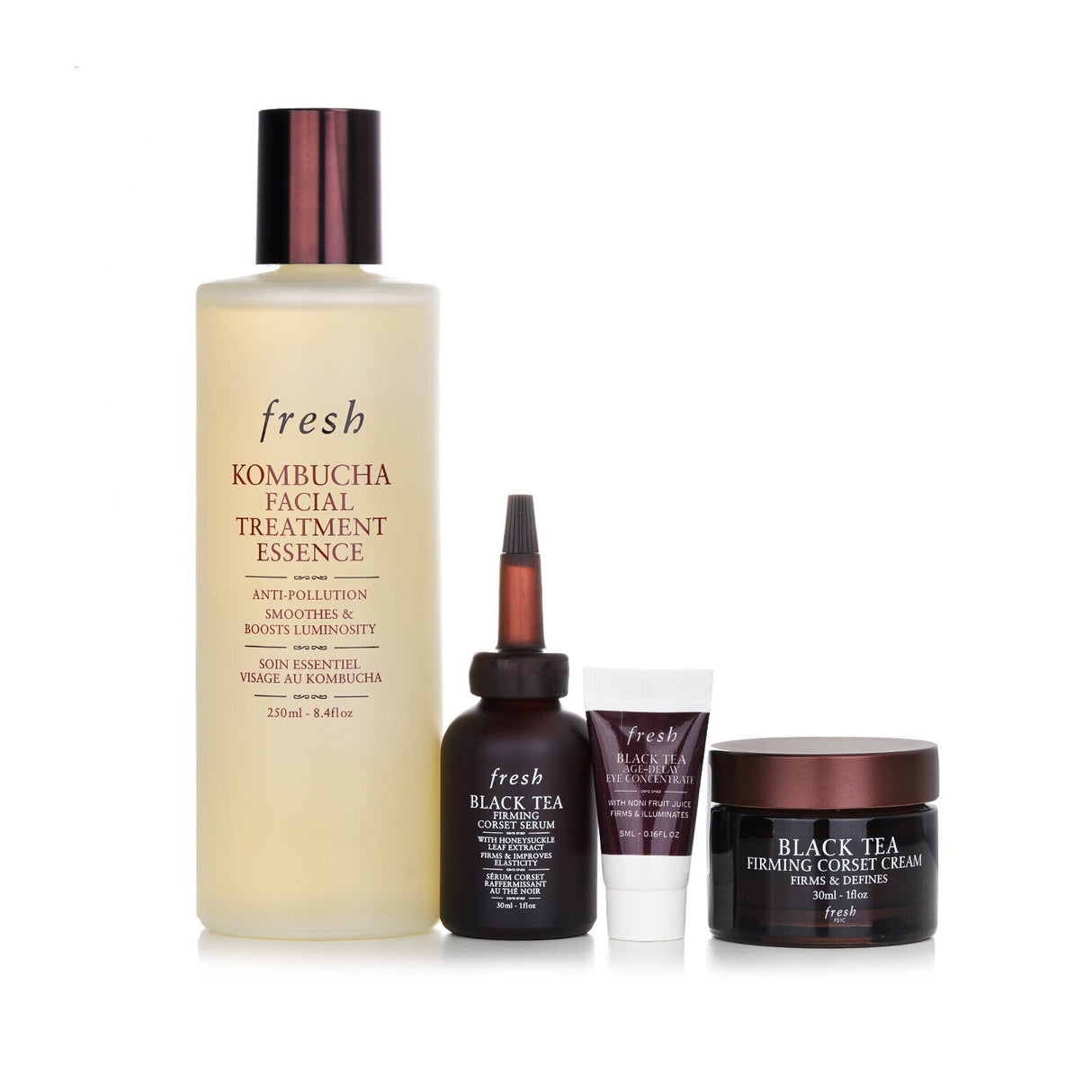 Fresh Black Tea Essentials Set featuring four luxurious skincare products for rejuvenation and youthful glow.