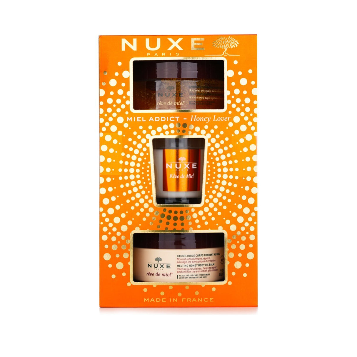 Nuxe Honey Lover Set: 3-piece skincare set with body scrub, oil balm, and candle for silky, nourished skin.